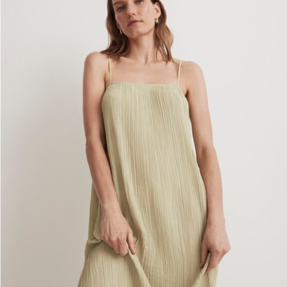 Madewell quiet luxury Goldie Dress in Plisse Olive Pleated Midi Dress